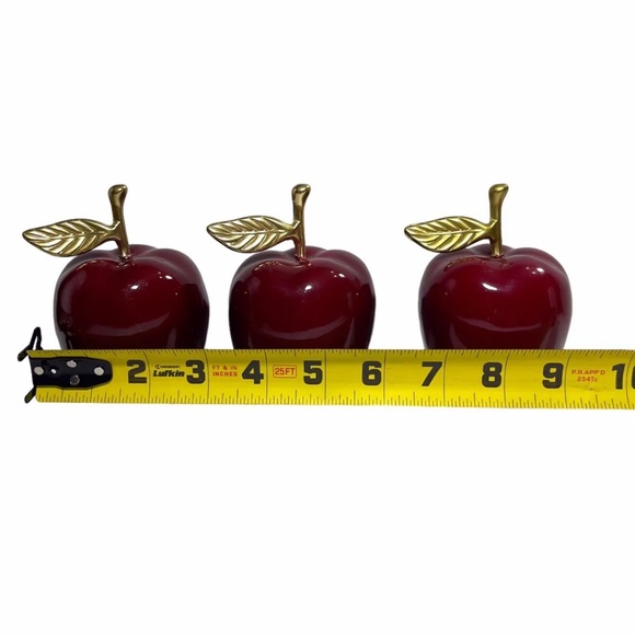 life size red glossy faux apples with brass stem and leaf lot of 3 - Picture 4 of 8